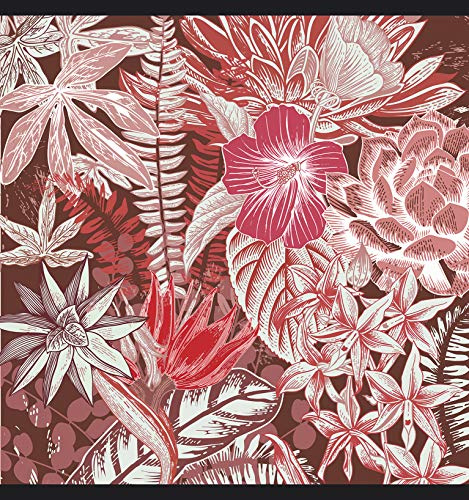 Papier peint intissé panoramique 250 cm X 250 cm, motif floral rouge, fleurs et feuillages de la jungle tropicale.