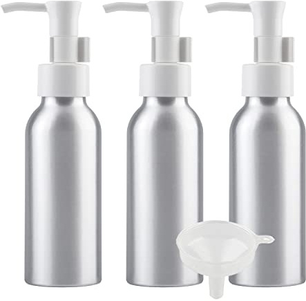 TIANZD 3 Piezas Pequeño 100 ml Botella de Dosificador Botella de Aluminio Plata con Bomba Vacías Envase Cosmético para Champú de Loción Gel Cremas Aceite Esencial Viaje, 1x Embudo