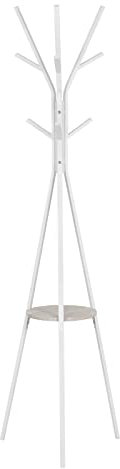 WOLTU Klädhängare, stativ, klädträd, med 9 krokar, fristående klädställ med 1 hylla för kläder, hatt, väskor entré, metall, vit SRY40ws