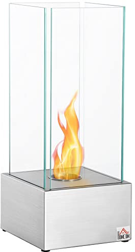 HOMCOM Ethanol-Kamin Feuerschale Bio-Ethanol-Brenner 0,4L 2 Std. Brenndauer 15m² mit Feuerlöschdeckel Edelstahl Hartglas Silber 25 x 25 x 60 cm