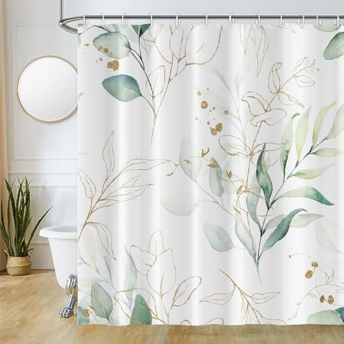 Uiiooazy Duschvorhang 180x220cm Anti Schimmel Eukalyptus Grüne Gold Blätter | Duschvorhang Salbeigrün Aquarell Pflanzen Wasserdicht Waschbar Stoff Polyester Bad Vorhang mit 12 Haken für Badezimmer