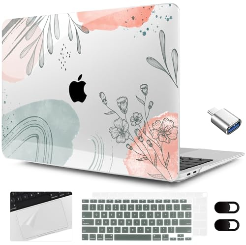 MEEgoodo for MacBook Air 13.3 inch Case 2021 2020 2019 2018 A2337 M1 A2179 A1932, Clear Case for MacBook Air M1 with Keyboard Webcam Cover & Trackpad Film & Type C Adapter,Watercolor Floral 3