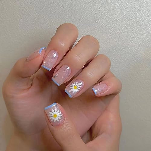 Agasar 24pcs Short Square False Nails French Tip Stick on Nails Blue Edge Daisy Flower Press on Nail Removable Glue-on Acrylic Full Cover Fake Nail Art Accessories for Women