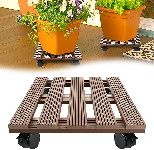 HENGMEI WPC Pflanzenroller Eckig Braun, 2 x Blumenroller mit 2 Feststellern, 100 kg Tragkraft, Pflanzenrollbrett Wetterfest für Innen Außenbereich