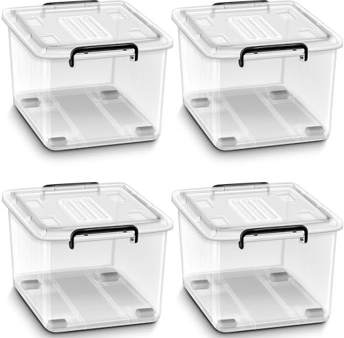 tillvex® Aufbewahrungsboxen mit Deckel 4er Set - 62 Liter, lebensmittelecht | Kunststoff Boxen Set stapelbar | Aufbewahrung Ordnungssystem Box groß | Aufbewahrungsbox Kleiderboxen 100% Neumaterial