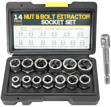 14PCS Bolt Extractor Set, Impact Bolt Lug Nut Remover Kit Rounded Bolt Stripped Lug Nut Remover Locking Wheel Nut Removal Tool Socket Set for Damaged Frozen Studs Rusted Rounded-Off Bolts Nuts Screws