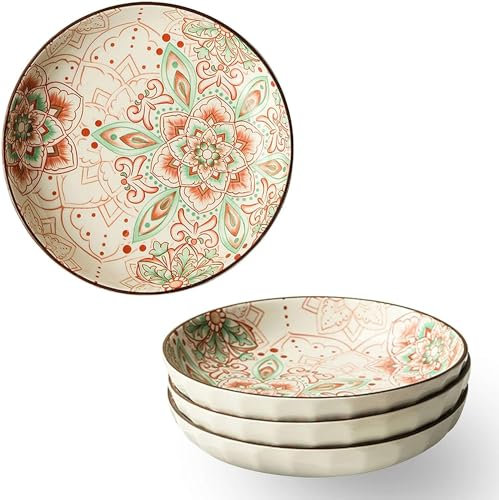 YDEWLY Assiettes à Soupe, Bol à Curry, Bols à Salade, Grand Service en céramique, Bol de Service à Salade de pâtes coloré, Assiette Creuse Profonde, Lot de 1, Motif Vintage, 20 x 20 x 4 cm.