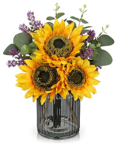 Oairse Künstliche Sonnenblume mit Glasvase Künstliche Pflanzen Blumen mit Eukalyptus Künstlich Tischdeko Wohnzimmer für Hochzeit Partei Blumenarrangement Fensterbank Deko und Schlafzimmer Deko