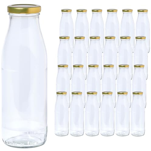 Vitrea 24 leere Glasflaschen 500ml Schraubverschluss Gold - Milchflaschen, Saftflaschen, Flaschen zum Befüllen mit Deckel - für Milch, Saft, Smoothies, Öl - 24 Stück, TO48, Milch