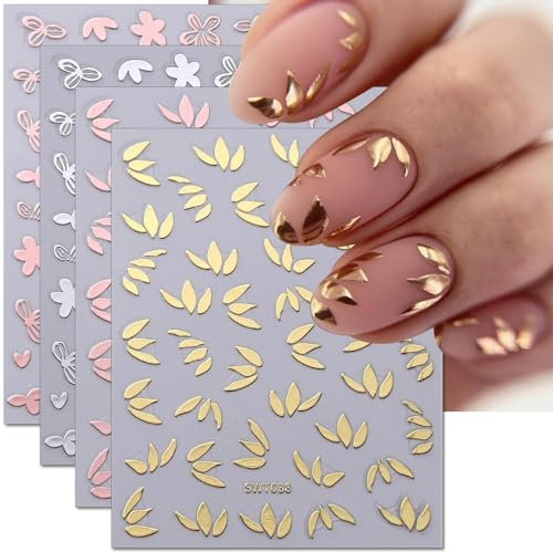 3D Flower Nail Sticker Set Metallisch Blume Blatt Nagelsticker Blumen Nagelaufkleber Selbstklebend Silber Rose Gold Blütenblätter Nagel Sticker Nageldesign Aufkleber Nägel Zubehör Nail Art Stickers