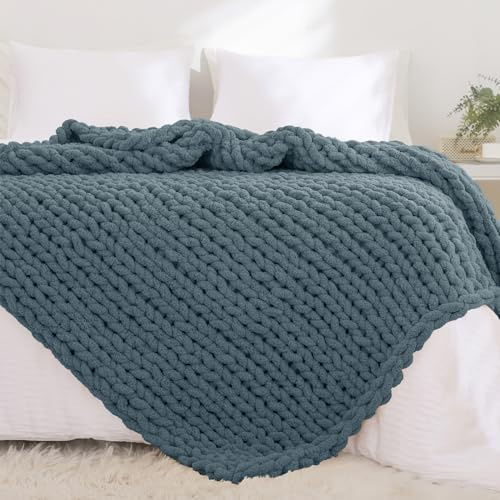 YAAPSU Chunky Knit Throw Blanket for Couch, 51x63, 100% Hand Knitted Thick Cable Knit with Cozy Jumbo Chenille Yarn, Soft Large Rope Knot Crochet Blankets for Sofa Bed Living Room Décor, BlueSpruce