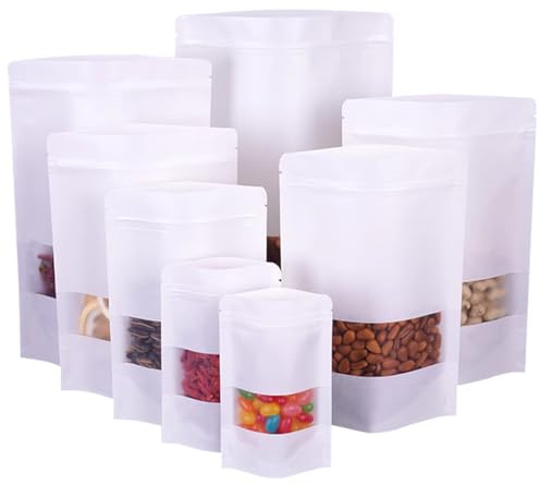 Papiertüten mit Fenster, Kraftpapier Tüten mit Sichtfenster, Verpackungstüten, Kraftpapier Tüten mit Fenster, Papiertaschen für Nüsse, Süßigkeiten, Kaffeebohnen, Teeblätter Weiß 15x24cm 50pcs