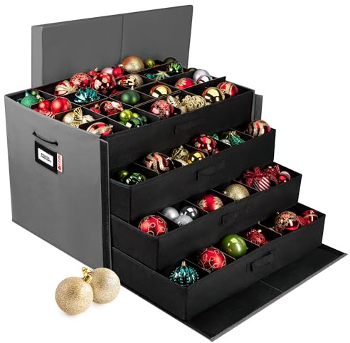 HOLDN' STORAGE Aufbewahrungsbox für Weihnachtsschmuck mit Trennwänden, zur Aufbewahrung von Ornamenten bis zu 96 von 7,6 cm, große Weihnachtskugel-Aufbewahrungsbehälter mit 4 Ablagen, Grau
