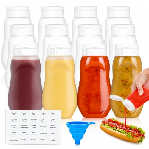 Goaste 12 Pack Condiment Squeeze Bottles, 12 oz Plastic Squirt Bottles with Flip Top Cap, Reusable Empty Sauce Containers with Labels & Silicone Funnels for Ketchup, Mustard, Syrup, Salad Dressings
