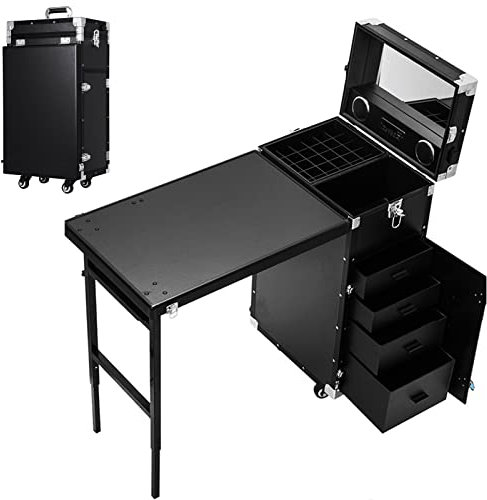 SXYKXYDL Tragbarer Nageltisch, Faltbarer Maniküretisch, multifunktionaler Schminktisch mit Zugstange, 360°-Universalrad, mit Spiegeln und Bluetooth-Lautsprechern, geeignet für Reisen mit Make-up