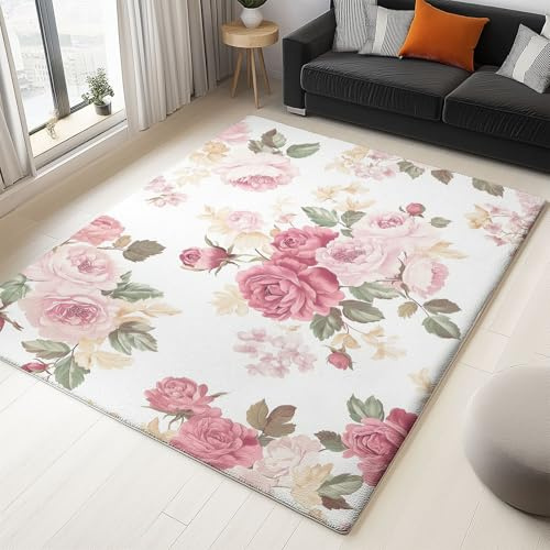 Robuster Teppich für Wohnzimmer in 60 x 120 cm – Strapazierfähiger & Rutschfester Kurzflor, Weiches Wohlfühlgefühl, Pfingstrose Mit Vintage-Blumen, Pflegeleicht Für Schlafzimmer & Esszimmer, Rosa