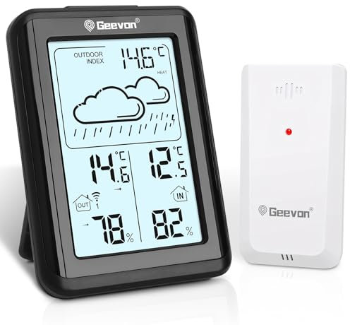 Geevon Weather Stations with Outdoor Sensor Wireless, Indoor Outdoor Thermometer with Comfort Indicator, HD Color Display Digital Alarm Clock, Adjustable Backlight (246297 without battery)