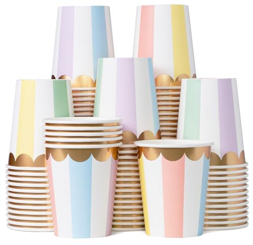 Confettiville Disposable Paper Coffee Cups, Bulk 100-Pack 8-oz, Pastel Stripes with Scalloped Gold Foil, Leak-Resistant, Hot and Cold Cups for Restaurants, Parties, and To-Go Use (No Lids)
