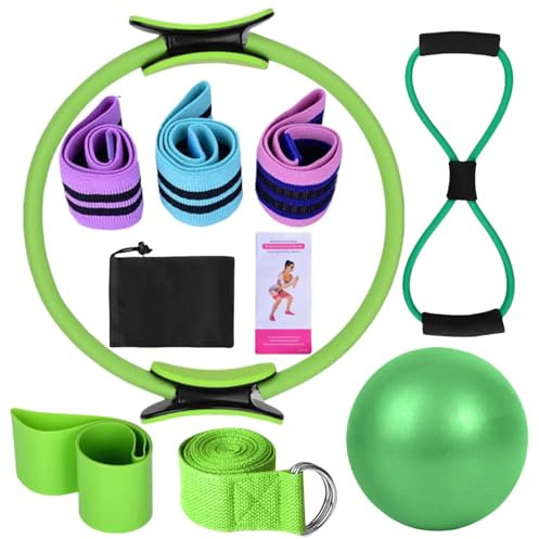 Pilates Set, 11 Teiliges Pilates Ring Set mit Yoga Ball, Yoga Gurt und Fitnessbänder, Pilates Kit, Pilates Set für Zuhause, Pilates Essentials Kit für Yoga, Pilates, Stretching und Fitness (Grün)