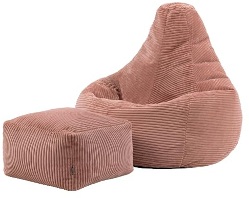 Icon Dalton Sitzsack mit Hocker Cord, Rosa, Gaming Sitzsack Erwachsene mit Füllung, Bean Bag, Cord Sessel, Lounge Sessel, Lounge Stuhl, Schlafzimmer, Wohnzimmer, Wohnzimmer Möbel