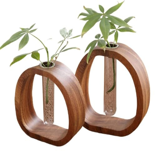 SHUZHENG Blumenvase aus Walnussholz und Glas, Massivholz-Glasvase, Hydrokultur-Blumentopf, massiver Holzrahmen und Glas-Reagenzglas-Vasen für Heimdekoration und Büro (S+M)