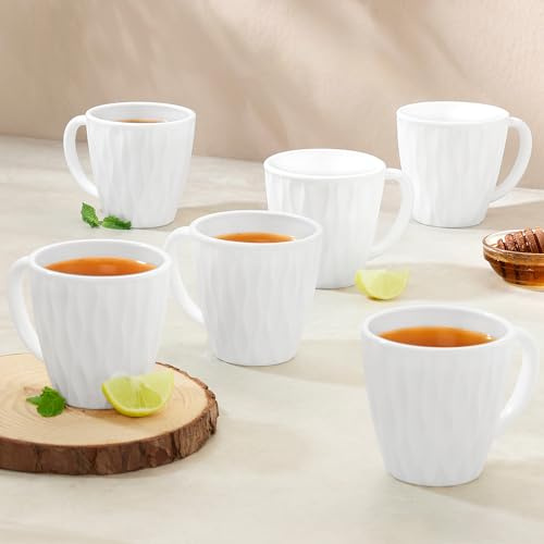 Curl Opalware Tasse 6er Set Tee-/Kaffeetassen je 160 ml Mikrowellen- & Spülmaschinenfest ohne Knochen Asche Geschirrset ideal für den täglichen Gebrauch & Verschenken Weiß