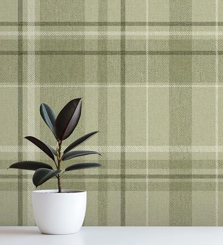 GAULAN 683556 - Papel pintado de cuadros escoceses fondo efecto textil de espiga en tonos verdes para pared salón dormitorio pasillo comedor - Rollo de 10 m x 0,53 m