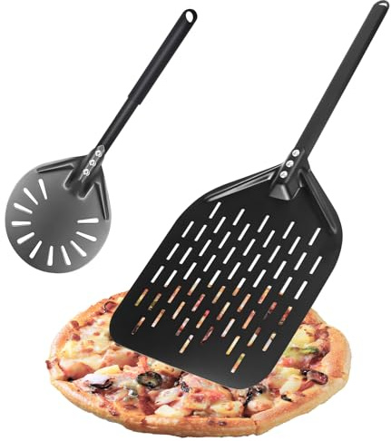 Pizzaschieber & Pizzawender Set, 2er Set Aluminium Pizzaschaufel, Perforierte Pizzaheber mit Komfortabler Griffe, für hausgemachte Pizza, 30 cm Rechteckige & 15cm Runde (40cm)