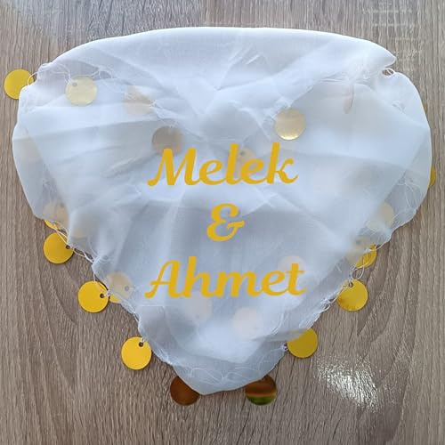 10x Personalisiert Lux Halay Mendili mit Gold-Schriftzug Tanztücher Dügün Hochzeit Verlobung Kina Mendil 25x25 cm (Weiss)