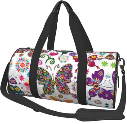 Runde Seesack aus Segeltuch, Motiv: Frühlingsblumen, Schmetterlings-Druck, wasserdicht, reißfest, faltbare Wochenend-Reisetasche