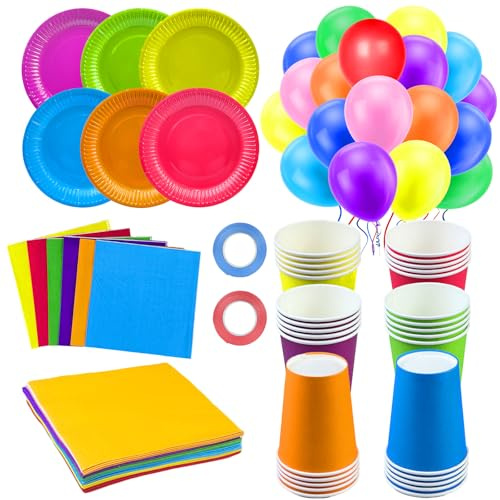 132pcs Colourful Party Tableware Set, 7 Inch Rainbow Paper Plates, 9oz Cups & Multicolor Napkins, for Birthday Wedding Engagement Party Decorations