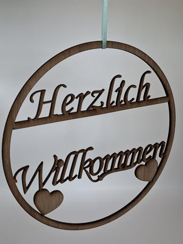 Türschild aus Holz – Gravur ‚Herzlich Willkommen‘ – Handgemacht – Wanddekoration aus Walnussholz – Geschenkidee Haus & Familie