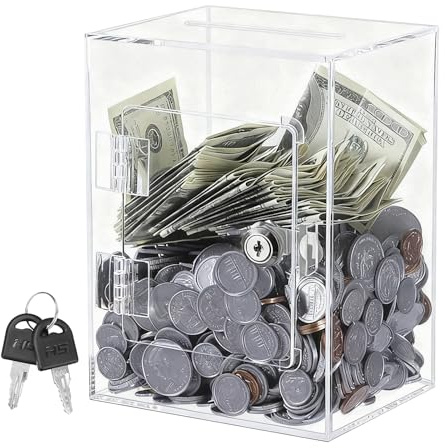 Klar akryl-spargris, 15 x 12 x 20 cm, transparent spargris med nyckel och lås, låsbara mynt, sedlar, sparbox för vuxna, barn, fundraising, justering