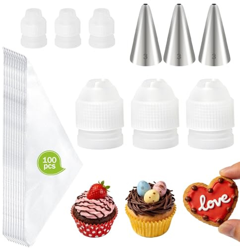 LLMSIX ﻿109pcs Writing Piping Tips and Bag Set, 3pcs No.3 Round Tips & 100 Disposable Piping Bags, 6pcs Frosting Couplers, Cake Writing Tools for Cupcakes Write Icing Nozzles Decoration DIY Baking
