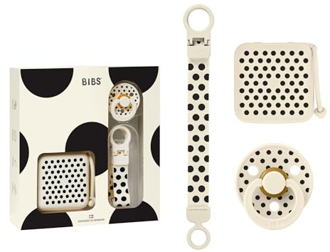 BIBS Studio Polka Soothe & Go Geschenkset, Clip & Box, Ivory/Black | Schnuller & Schnullerkette | Geschenkfertiges Set | Abgestimmtes Design | Hergestellt in Dänemark