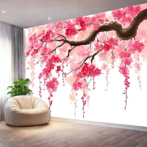 Panorama Carta da Parati Murale 250 x 175 cm, Cinese Acquerello Albero Di Ciliegio In Fiore Carta da Parati Fotografica Rosa Murale Adesivo da Parete Poster Effetto 3D Decorazione Soggiorno