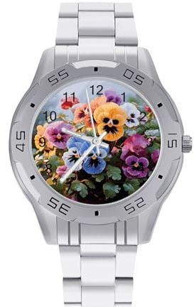 Pansy Flowers Watches for Mens Wrist Watches Business Stainless Steel Band Watch Fashion Classic Luxury Dress Watch Casual Lightweight Watches for Party Daily Wear & Gift