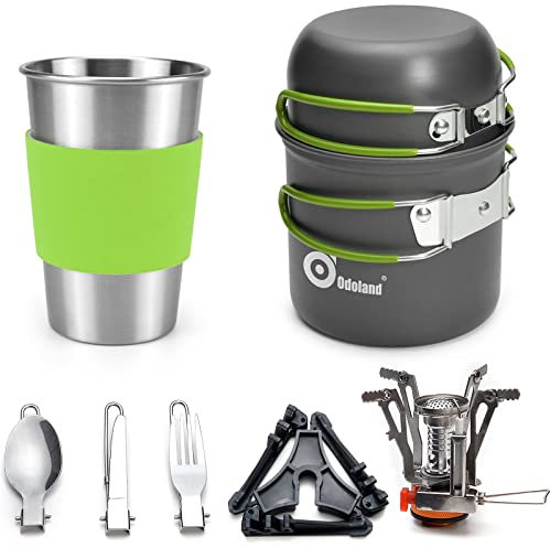 Odoland - Juego de sartenes para Camping, 10 Utensilios de Cocina completos de Aluminio Duradero, con Estufa portátil Ultraligera para Senderismo, Pesca