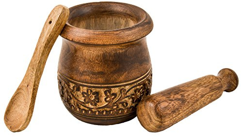 GoCraft Wooden Carved Mortar and Pestle | Grinder for Herbs, Spices and Kitchen Usage, Natural Mango Wood Engraved | Handmade Mortar and Pestle - 3.5 in