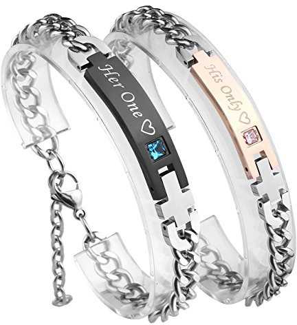 PiercingJak His Queen Her King Couple Bracelet His and Hers Matching Set Distance Bracelets Curb Link Chain Wrist Bangles Gift Set for Couples Lovers
