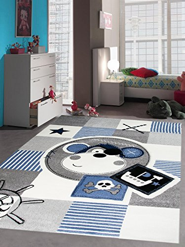 CARPETIA Teppich Kinderzimmer Babyzimmer Jungen AFFE Pirat blau crème grau schwarz Größe 140x200 cm