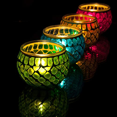 Mosaic Glass Candle Holder Vintage Jar Tea Light Holders Romantic Tea Light Candle Holder Home Decoration with Upto 8 Hour Burn Tea Light Candles (4 Pack)