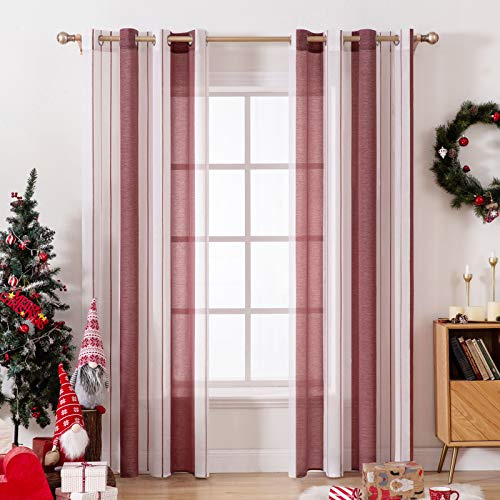 MIULEE Voile Gardinen Weinrot-Weiß Kurz mit Ösen 2er Set 140x145 cm