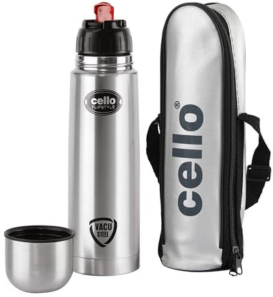 Cello Flipstyle Thermosteel Flask with Thermal Jacket 1000ml, Silver | 24 Hours Hot & Cold Water Bottle | Flask for Tea Coffee | Rust & Leak Proof | Ideal for Office, Gym, Home, Kitchen, Travel Bottle