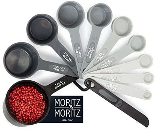 Moritz & Moritz Set de cuillères à mesurer11 pcs. empilable - Gobelets et cuillères gradués de 1,25 à 240 ml multicolore 4 couleurs/noir - 10 dimensions et spatule à tartiner