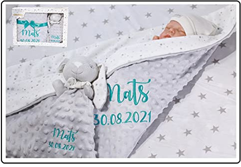Generisch Geschenk-Set New Baby ★ Babydecke mit Namen + Teddybär ★ Baby-Shower ★ Geburt ★ (Geau - Hase)