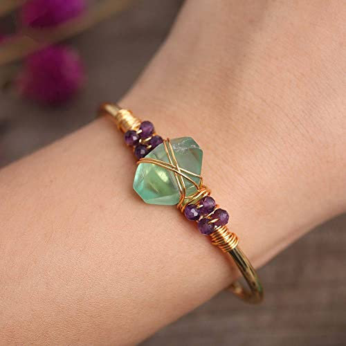 Bracciale Uomo Pietre,Pietra Naturale Bracciale In Cristallo Di Fluorite Verde Perline Irregolari Chip Charm Filo D'Oro Bracciale Aperto Bracciale Yoga Energy Gemstones Bracciale Gioielli Per Uomo D