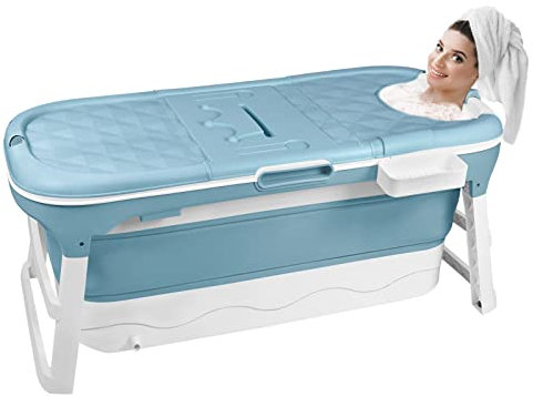 UISEBRT Faltbare Badewanne Erwachsene XL, Foldable Bathtub 128 x 62 x 53 cm, Tragbare Klappbadewanne mit abnehmbare Abdeckung, Seifenkorb, Massagerollen, Idea für kleines Badezimmer, Blau