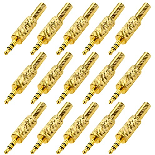 KUOQIY 15 Stücke 3.5mm 3-Polig TRS-Stecker, 3.5mm Metall Löten Stereo Audio Klinkenstecker mit Frühling, Audio Löttyp Adapter für Kopfhörer, Vergoldet
