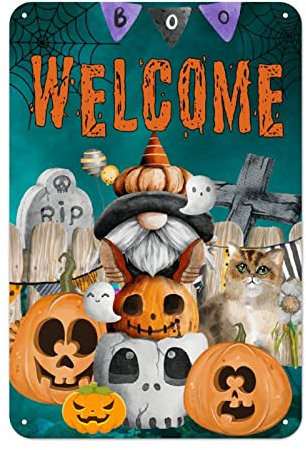 Halloween Willkommen Boo Zwerg Kürbis Metallschild Katze Friedhof Spinnennetz Metall Blechschild Gruseliger Geist 30,5 x 20,3 cm Wetterfest Mode Metallschild Schild für Lane Avenue Street Way Man Cave